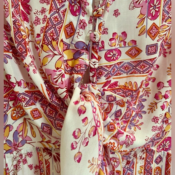 Poupette St. Barth- Bettina Pink Floral Tie Waist Romper Mini Dress - Picture 5 of 11